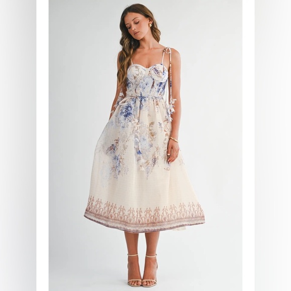 Endless Blu Floral Chiffon Tie-Strap Midi Dress - Picture 2 of 6